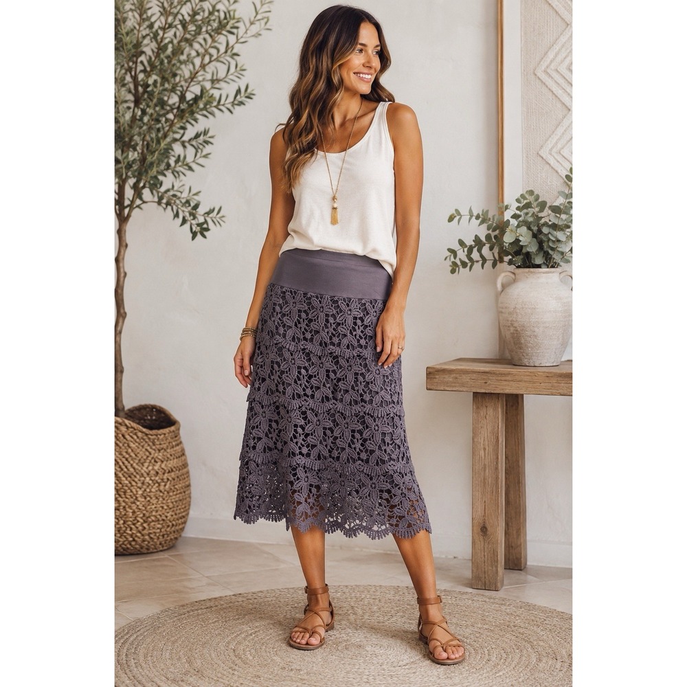 Solitaire By Ravi Khosla Gray Crochet Lace Midi Skirt